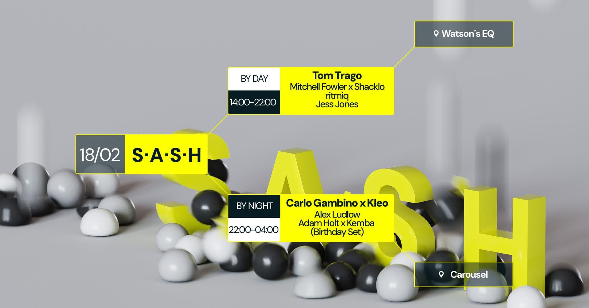 ★ S.A.S.H By Day & Night ★ Tom Trago ★ Carlo Gambino x Kleo ★ Sunday 18th February ★